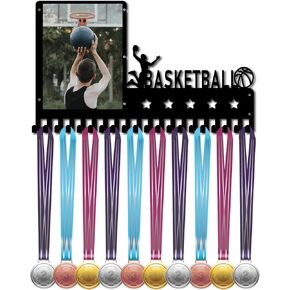 CREATCABIN Taekwondo Medal Hanger Display Medals Holder Rack with Photo Frame Metal Sports Hanging Athlete Awards Wall Mount with 20 Hooks for Karate Competition Ribbon Medals Black 16.5x9.8Inch