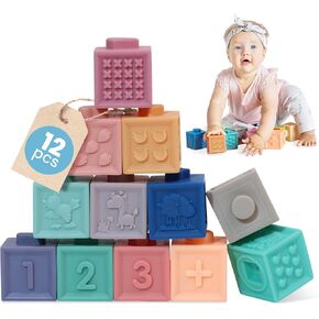 12 Pcs Baby Blocks 6 to 12 Months - Textured & Squeezable Soft Blocks - Stacking Blocks for Toddlers 1-3, Educational Blocks - Numbers, Shapes, Colors, Animals - Soft Building Blocks 6 Months +