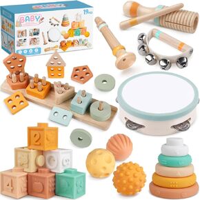 ألعاب Montessori Baby للطفل البالغ من العمر عام واحد ، آلات موسيقية خشبية للأطفال الصغار 1-3 ، والرضيع الحسي ، لمدة 6-12 شهرًا ، وتكديس فورر شكل لعبة ، هدية عيد ميلاد تعليمية محايدة للأطفال 3+
