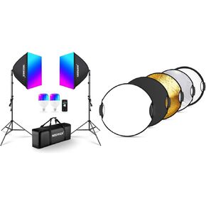 NEEWER NK800 RGB Softbox Lighting Kit 9 Effect Modes, 2 Pack 26W FCC/IC/UL Certified LED Bulbs E26 Porcelain Sockets, 24" Softboxes, for Studio Photography Lighting, RF-56II Light Reflector Included