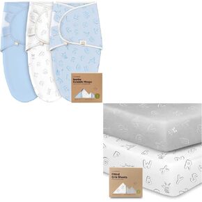 KeaBabies Baby Swaddle Sleep Sacks and Organic Fitted Crib Sheets for Boys and Girls Bundle - 3-Pack Newborn Baby Swaddles (ABC Land Cloud) - 2-Pack Breathable Jersey Cotton Sheets (ABC Land Cloud)