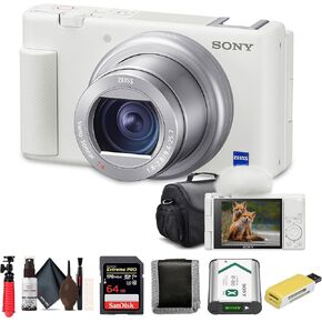 Sony ZV-1 Digital Camera White (DCZV1/W), 64GB Memory Card, Card Reader, Deluxe Soft Bag, Flex Tripod, Memory Card Wallet, Cleaning Kit