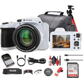 Kodak Pixpro AZ405 Digital Camera in White (AZ405WH) Bundle Including: 128 GB Memory Card, Rechargeable Batteries, Case, Flexible Tripod, Neck Strap, Lens Caps, Full Cleaning Kit, More Accessories