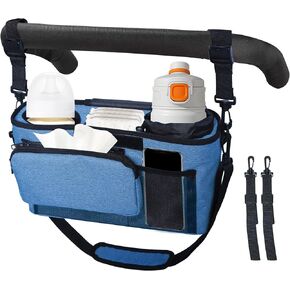 Universal Stroller Organizer, 2 Heightened Insulated Cup Holders, Detachable Zippered Pocket, Adjustable Shoulder Strap, Non-Slip Secure Hooks Accessories，Large Capacity for Baby Essentials Blue