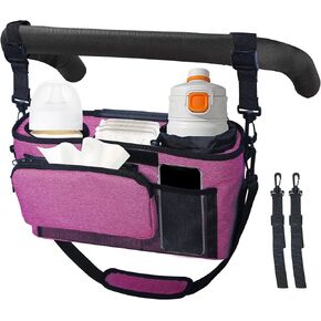 Universal Stroller Organizer, 2 Heightened Insulated Cup Holders, Detachable Zippered Pocket, Adjustable Shoulder Strap, Non-Slip Secure Hooks Accessories，Large Capacity for Baby Essentials Rose Red