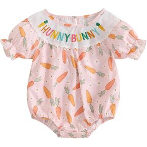 Newborn Baby Girls Easter Outfits Letter Embroidery Bunny Ruffle Pleated Smocked Bubble Ruched Jumpsuit Bodysuit