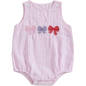 GOOCHEER Newborn Baby Girl Coming Home Outfits Bow Embroidery Sleeveless Striped Bubble Romper Spring Summer Clothes