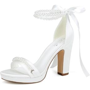 Pearl Wedding Shoes for Bride High Heel Platform Wedding Sandals Chunky Heel Bridal Shoes