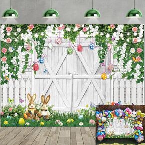 Easter Backdrop for Photography 7x5FT Spring Green Grass Flowers Easter Eggs Rabbit White Barn Wood Door Background Kids Easter Party Decorations Supplies (2.1 x 1.5m)