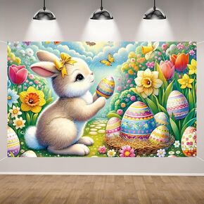 Happy Easter Photo Backdrop Bunny Rabbit Easter Eggs Flower Banner Easter Spring Summer Party Decorations and Supplies for Home-71×43''