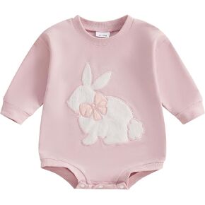 Newborn Baby Girl Easter Outfit Bunny Embroidery Long Sleeve Sweatshirt Romper Oversized Bubble Clothes