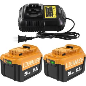 2 Pack 12Ah 20V MAX Lithium Ion Battery and Charger Replacement for Dewalt 20V Max Battery and Charger Combo, Compatible with Dewalt 12-20V Batteries and All 20 Volt Cordless Tools