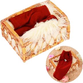Kate Newborn Photography Props Rattan Basket Bed Handcrafted Baby Doll Bed with Plush Blanket and Stretch Wrap Posing Props for Baby Photography Photoshoot