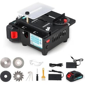 Cordless Mini Table Saw, 4 Blades Set Dual Power Option Li-ion Battery/Power Cord Cut Thickness 15 mm 0-90° Adjust Small Hobby Saws for DIY Model Wood Cutting