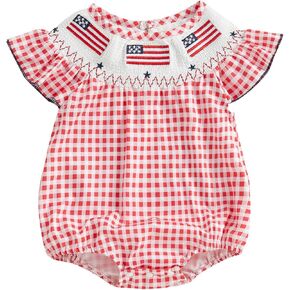 Infant Girl 4th of July Smocked Rompers Short Sleeve Embroidery Flag Bodysuit Newborn Independence Day Baby Clothes