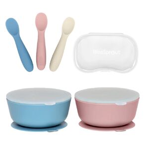 WeeSprout 2 Suction Bowls & 3 Baby Spoons with Travel Case Bundle - Silicone Baby Feeding Essentials - Leak-Proof Bowls with Lids - Soft Self-Feeding Spoons - Dishwasher Safe Toddler Dinnerware