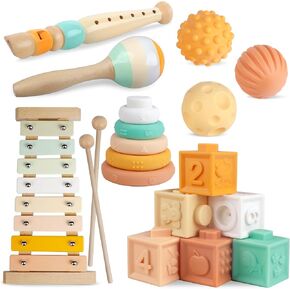 Baby Toys 6-12 Months Montessori Toys for Babies 6-12-18 Months,Wooden Stacking Building Blocks,Infant Teething Toys Sensory Balls,Xylophone Musical Toy,Birthday Gift for Toddlers 1+ Year Old