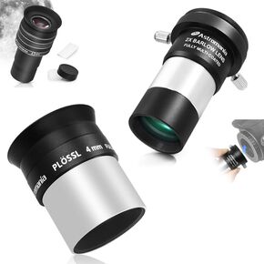 Astromania Telescope Eyepiece 4.5mm, Wide Angle 58 Degree - Bundle with - 4mm Plossl Telescope Eyepiece&2X Barlow Lens