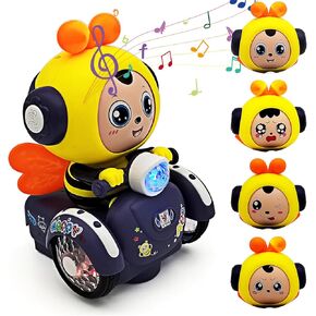 Tipmant Cartoon Electric Honey Bee Vehicle Car Toy Change Face, Play Music, Dazzling Light, Automatic Driving Baby Toddler Kids Birthday Gifts