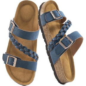 HARENCE Womens Flat Slides Sandals: Comfort Cork Footbed Slip On Slide Shoes Adjustable Buckle Open Toe Summer Outdoor Beach Sandal