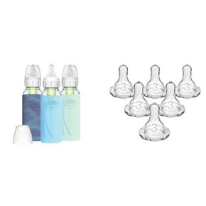 Dr. Brown's Natural Flow Anti-Colic Options+ Narrow Glass Baby Bottle, 8 oz/250 mL, with Silicone & Dr. Brown’s Natural Flow Level 3 Narrow Baby Bottle Silicone Nipple, Medium-Fast Flow, 6m+, 100%
