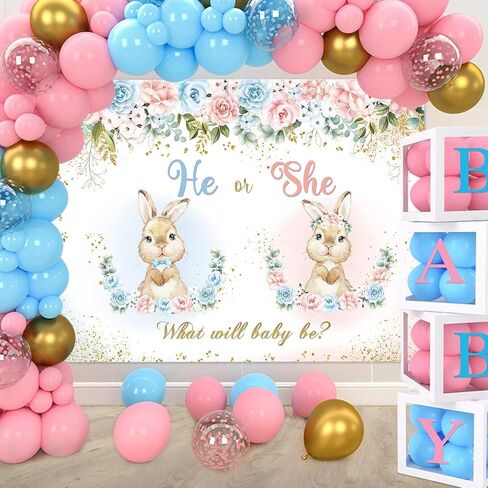MEHOFOND 7x5ft Easter Gender Reveal Backdrop Bunny Floral Baby Shower Photography Background He or She What Will Baby Be Newborn Gender Reveal Party Decor Gold Confetti Cake Smash Photo Props in Kuwait