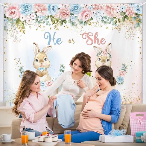 MEHOFOND 7x5ft Easter Gender Reveal Backdrop Bunny Floral Baby Shower Photography Background He or She What Will Baby Be Newborn Gender Reveal Party Decor Gold Confetti Cake Smash Photo Props in Kuwait
