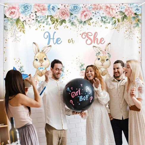 MEHOFOND 7x5ft Easter Gender Reveal Backdrop Bunny Floral Baby Shower Photography Background He or She What Will Baby Be Newborn Gender Reveal Party Decor Gold Confetti Cake Smash Photo Props in Kuwait