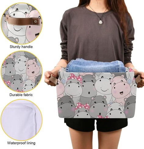 Cute Hippo Large Storage Basket Cube Storage Bin Canvas Fabric Organizer Handles Collapsible Decorative for Clothes Toys Bedroom in Kuwait