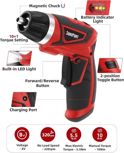 مجموعة مفك كهربائي لاسلكي، مثقاب كهربائي كهربائي قابل لإعادة الشحن 8 فولت بحد أقصى 10 نيوتن متر، مسدس لولبي للبطارية مع مجموعة لقم محرك 28 قطعة، إعداد عزم دوران 320 دورة في الدقيقة/10+1، مقبض بموضعين، ضوء LED بعمود مرن in Kuwait