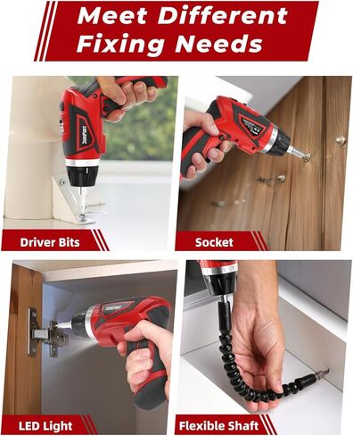 مجموعة مفك كهربائي لاسلكي، مثقاب كهربائي كهربائي قابل لإعادة الشحن 8 فولت بحد أقصى 10 نيوتن متر، مسدس لولبي للبطارية مع مجموعة لقم محرك 28 قطعة، إعداد عزم دوران 320 دورة في الدقيقة/10+1، مقبض بموضعين، ضوء LED بعمود مرن in Kuwait
