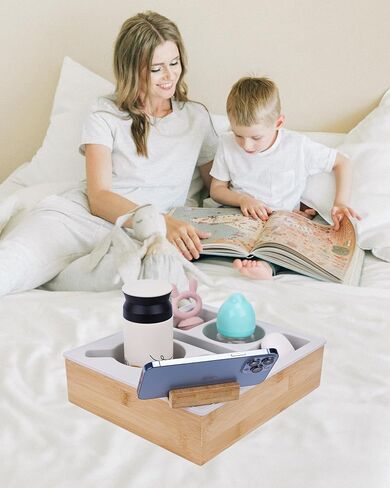 Couch Cup Holder Tray, Hitseon Silicone Bamboo Couch Caddy with Rotatable Phone Holder for Bed Car Seat Organizer, Waterproof Anti-Spill Couch Drink Holder for Snacks Beverage Remote (Black) in Kuwait