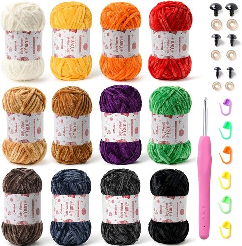 12 Pack Chenille Chunky Yarn - Baby Yarn for Crocheting Soft - White red Pink Yellow Blue Rainbow Velvet Yarn Crochet Blanket - Amigurumi Yarn Pack with Crochet Accessories in Kuwait