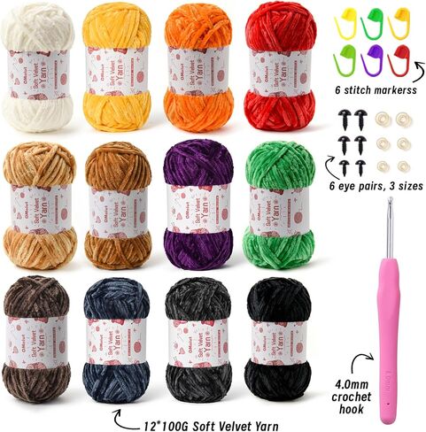 12 Pack Chenille Chunky Yarn - Baby Yarn for Crocheting Soft - White red Pink Yellow Blue Rainbow Velvet Yarn Crochet Blanket - Amigurumi Yarn Pack with Crochet Accessories in Kuwait