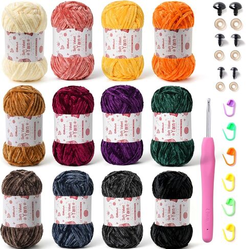 12 Pack Chenille Chunky Yarn - Baby Yarn for Crocheting Soft - White red Pink Yellow Blue Rainbow Velvet Yarn Crochet Blanket - Amigurumi Yarn Pack with Crochet Accessories in Kuwait
