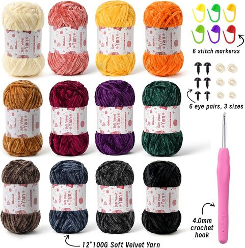 12 Pack Chenille Chunky Yarn - Baby Yarn for Crocheting Soft - White red Pink Yellow Blue Rainbow Velvet Yarn Crochet Blanket - Amigurumi Yarn Pack with Crochet Accessories in Kuwait