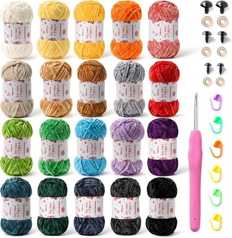 12 Pack Chenille Chunky Yarn - Baby Yarn for Crocheting Soft - White red Pink Yellow Blue Rainbow Velvet Yarn Crochet Blanket - Amigurumi Yarn Pack with Crochet Accessories in Kuwait