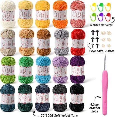 12 Pack Chenille Chunky Yarn - Baby Yarn for Crocheting Soft - White red Pink Yellow Blue Rainbow Velvet Yarn Crochet Blanket - Amigurumi Yarn Pack with Crochet Accessories in Kuwait