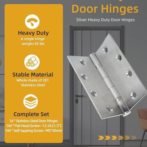 4.5 inch X 4.5 inch Heavy Duty Commercial Door Hinge, Black Hinges with Silent Steel Plain Bearing, 3 mm Thickness Stainless Steel, Square Corner with 144 Screws 18 (Pack) in Saudi Arabia