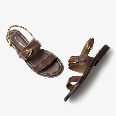 BEAU TODAY Flat Sandals for Women,Adjustable Strappy Sandals for Women,Summer Fashion Comfortable Open-Toe Wide Dress Leather Sandals for Vacation Hiking in Saudi Arabia