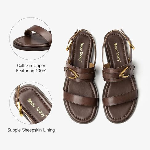 BEAU TODAY Flat Sandals for Women,Adjustable Strappy Sandals for Women,Summer Fashion Comfortable Open-Toe Wide Dress Leather Sandals for Vacation Hiking in Saudi Arabia