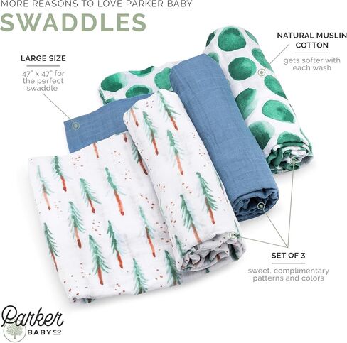 Parker Baby Co. بطانيات Swaddle - حزمة من 3 من 100 ٪ من قطن الشاش من القطن للبنين والبنات - جنسين/جنس المحايدة - مجموعة الكلاسيكية in Kuwait