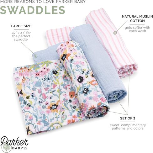 Parker Baby Co. Swaddle Blankets - Pack of 3 of 100% Cotton Muslin Swaddle Blankets for Baby Boys and Girls - Unisex/Gender Neutral - Classics Set in Kuwait