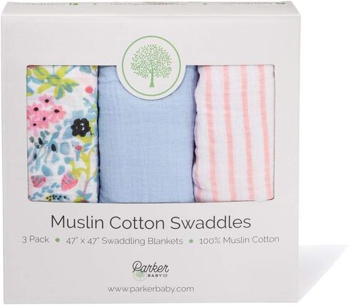 Parker Baby Co. Swaddle Blankets - Pack of 3 of 100% Cotton Muslin Swaddle Blankets for Baby Boys and Girls - Unisex/Gender Neutral - Classics Set in Kuwait