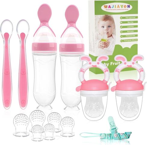 WAJIAYON Baby Fruit Feeder Pacifier - 6 Pack | 2 Baby Fruit Food Feeder Pacifier & 2 Baby Food Dispensing Spoon | Fresh Fruit Teethers for Babies | Silicone Feeder Baby,Mesh Baby Feeder (Pink-Rabbit) in Saudi Arabia