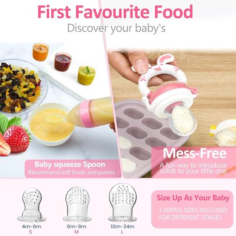 WAJIAYON Baby Fruit Feeder Pacifier - 6 Pack | 2 Baby Fruit Food Feeder Pacifier & 2 Baby Food Dispensing Spoon | Fresh Fruit Teethers for Babies | Silicone Feeder Baby,Mesh Baby Feeder (Pink-Rabbit) in Saudi Arabia