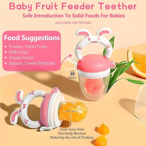 WAJIAYON Baby Fruit Feeder Pacifier - 6 Pack | 2 Baby Fruit Food Feeder Pacifier & 2 Baby Food Dispensing Spoon | Fresh Fruit Teethers for Babies | Silicone Feeder Baby,Mesh Baby Feeder (Pink-Rabbit) in Saudi Arabia