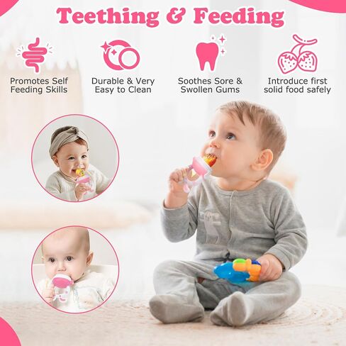 WAJIAYON Baby Fruit Feeder Pacifier - 6 Pack | 2 Baby Fruit Food Feeder Pacifier & 2 Baby Food Dispensing Spoon | Fresh Fruit Teethers for Babies | Silicone Feeder Baby,Mesh Baby Feeder (Pink-Rabbit) in Saudi Arabia
