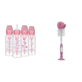 Dr. Brown's Natural Flow Anti-Colic Options+ Narrow Baby Bottles, Floral Designs, 8oz/250mL, Pink, 0m+ & Reusable Sponge Baby Bottle Cleaning Brush with Suction Cup Stand, Pink 1-Pack
