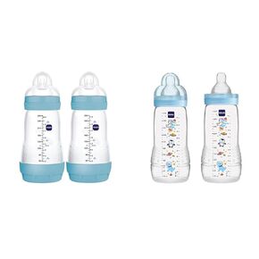 MAM Easy Start Matte Anti-Colic Baby Bottles, Medium Flow Nipples, 9 oz (2 Count) & MAM Easy Active Baby Bottles, Fast Flow, 11 oz (2 Count) Bundle for Baby Boy